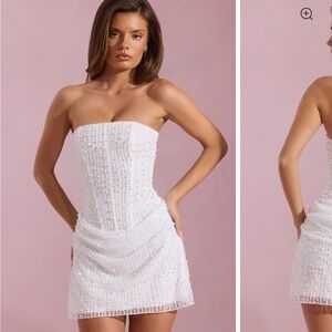 Oh Polly - Ziya - Embellished Draped Strapless A-Line Mini Dress in White